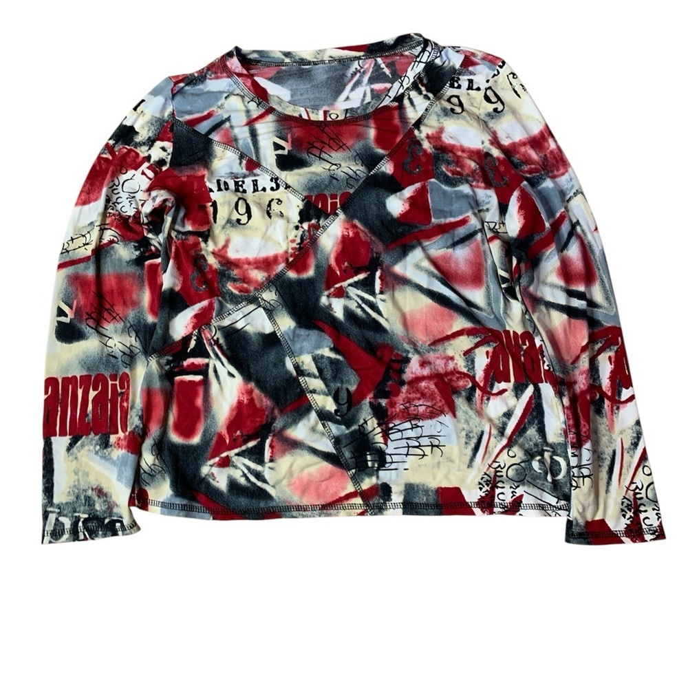 Vintage Y2K Abstract Graffiti Print Long Sleeve Top - Grunge Aesthetic XL